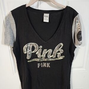 PINK Victoria's Secret Black and Gray Sequin Logo Tee